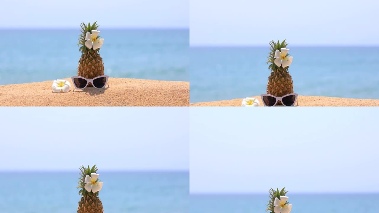 热带海滩上的新鲜菠萝。