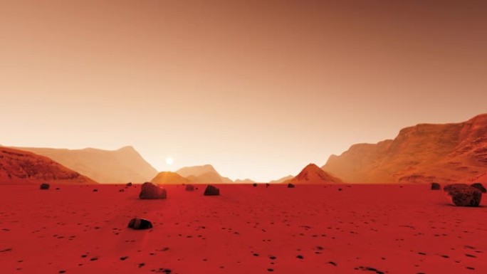黑暗背景下的火星表面。沙漠，沙子。外星景观。地球。火星红色星球。4k