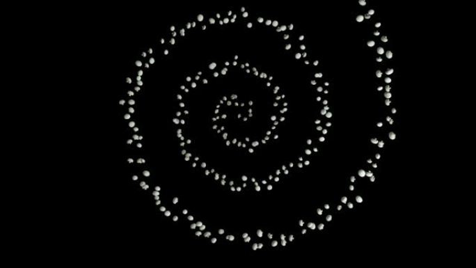 螺旋形状的白色蘑菇飞行，上部视图，无缝循环，阿尔法通道