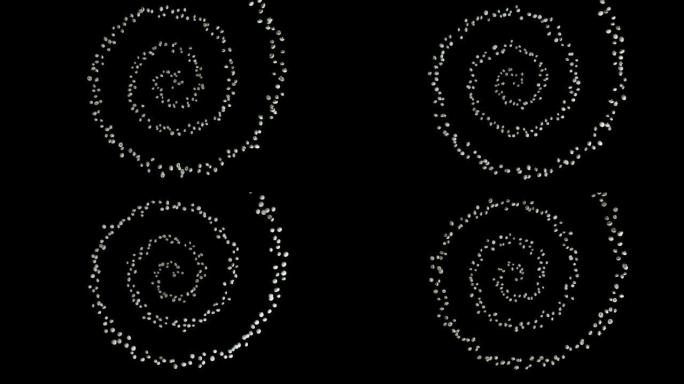螺旋形状的白色蘑菇飞行，上部视图，无缝循环，阿尔法通道