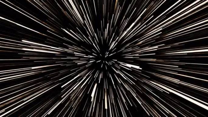 超空间穿过星星跳到遥远的空间。4K 3D渲染穿越星域飞行极快的光速穿越虫洞到达太空隧道的尽头。
