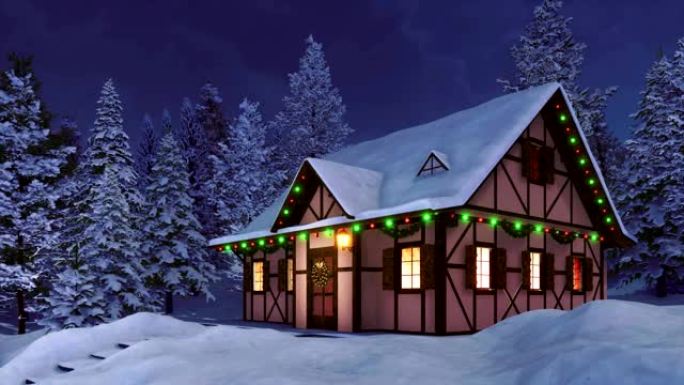 舒适的乡村房子在平静的冬夜为圣诞节装饰