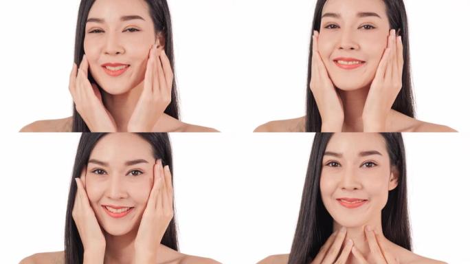 亚洲女性脸上有第一个皱纹微笑着看着孤立在光线背景下的相机。