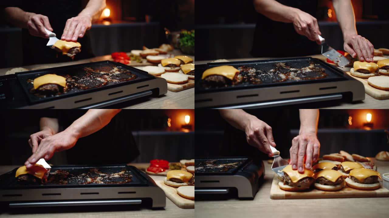 美味汉堡的准备煎牛排特写视频素材煎肉饼