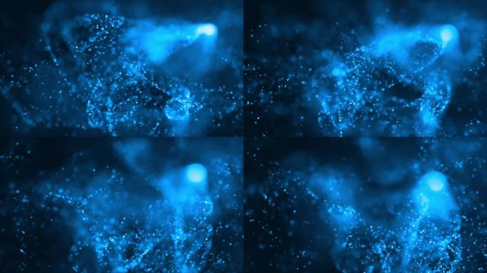 蓝色照明粒子波悬浮抽象背景的运动图形