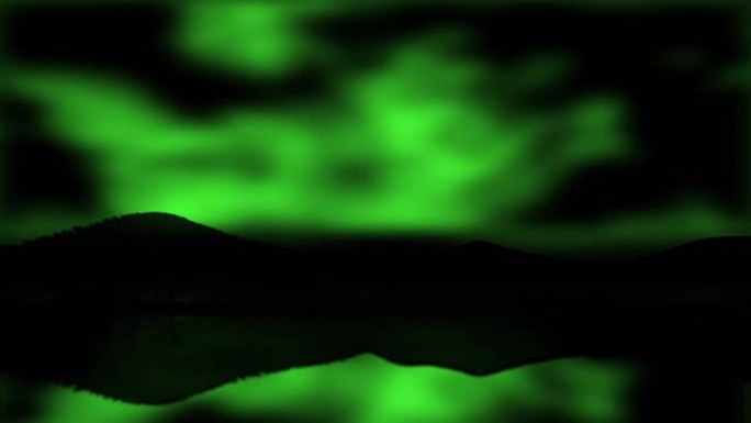 山上黑暗的天空上的绿色极光隐藏着静止的湖泊，并反射在湖面上。