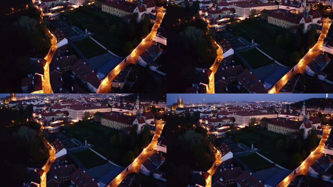 夜间布拉格上空的鸟瞰图