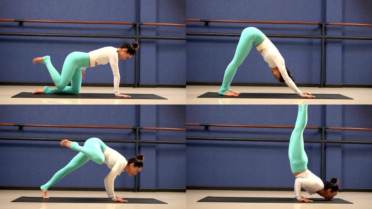 亚洲年轻合身的运动服女人在健身房锻炼。女孩通过铺板瑜伽姿势锻炼身体。