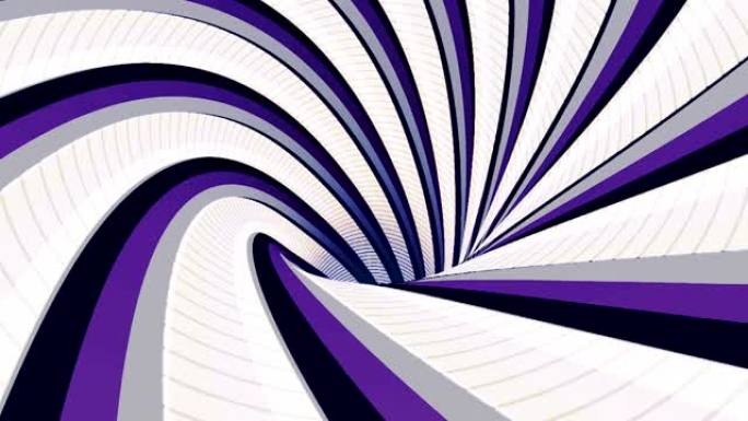 抽象背景以彩色条纹的动画催眠隧道，无缝循环。动画。白色、紫色和黑色的无尽旋转漏斗