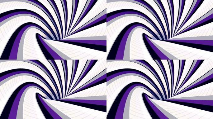 抽象背景以彩色条纹的动画催眠隧道，无缝循环。动画。白色、紫色和黑色的无尽旋转漏斗