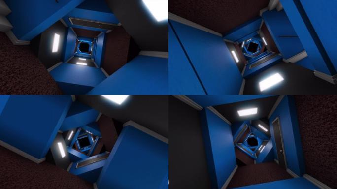 旋转迷幻现代大厅内部。动画。在旋转的走廊上飞行，带有移动的蓝色墙壁，3D视觉错觉