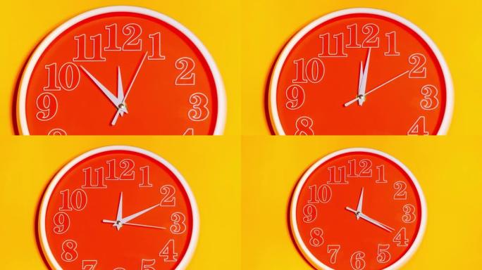 缩小现代橙色钟面开始时间11.43在黄色背景，延时45分钟快速移动。