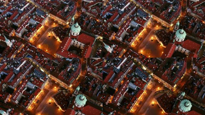 夜间布拉格上空的鸟瞰图