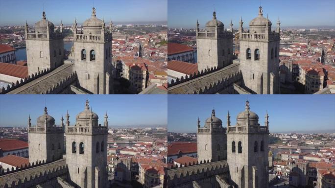 夏季晴天波尔图城市大教堂顶部空中全景4k葡萄牙