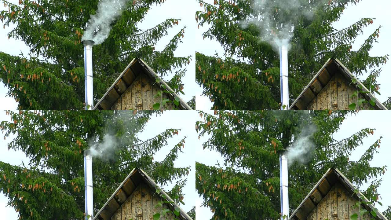 北方森林屋的烟囱冒烟。