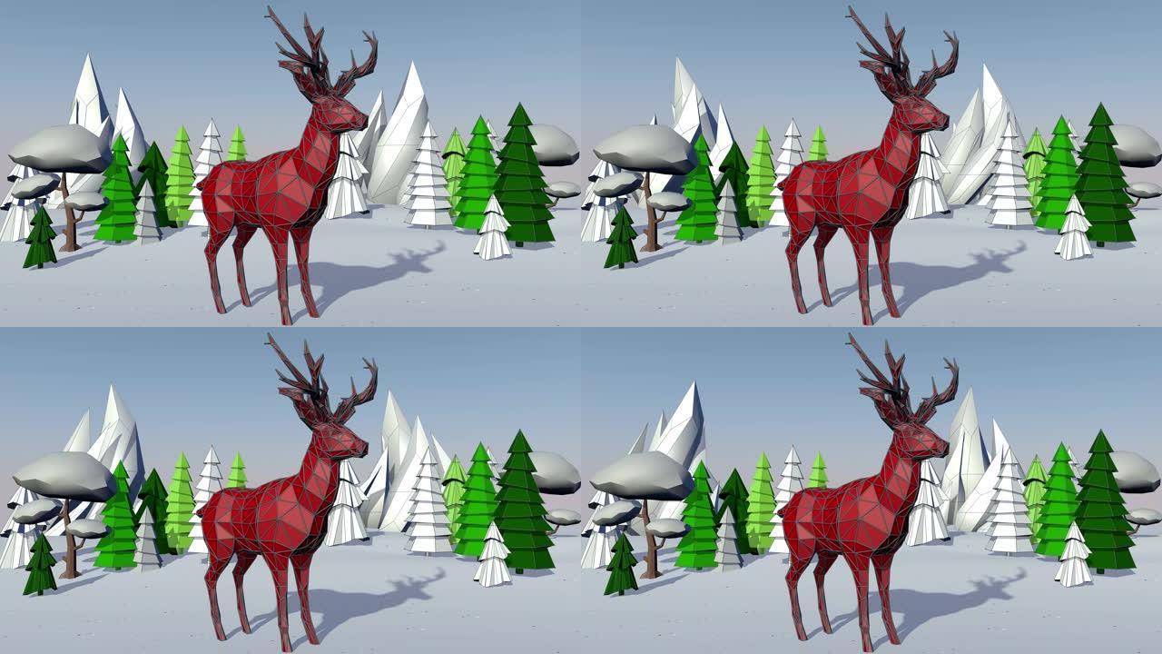 圣诞快乐的鹿和乡村景观。3D渲染。