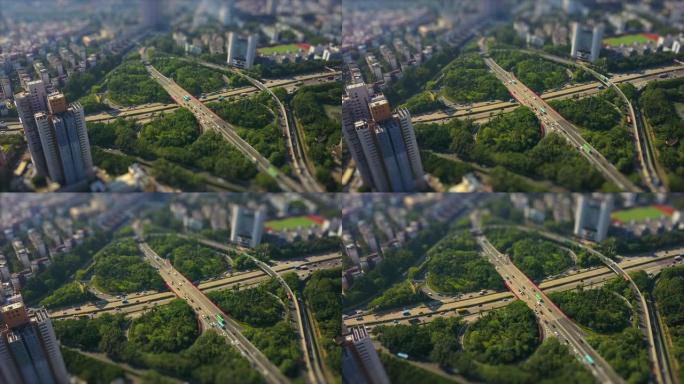 日间深圳市著名交通路口空中全景4k倾斜移位中国