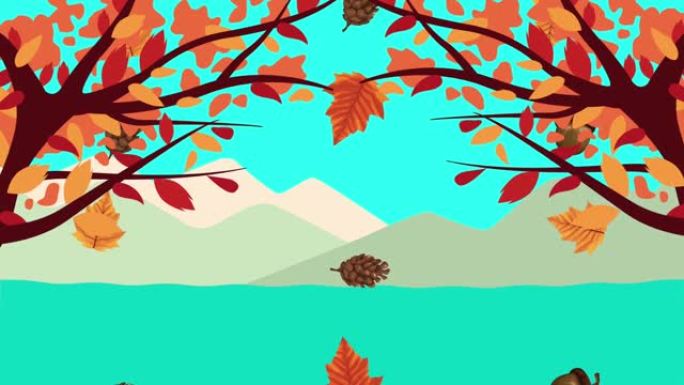 你好秋季动画与树枝和叶子风景场景