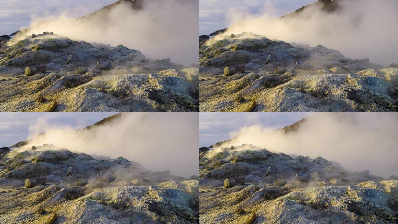 火山蒸汽从地下喷发，地下地热活动