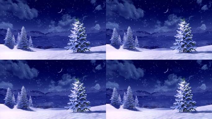 冬天晚上降雪时山上积雪覆盖的枞树