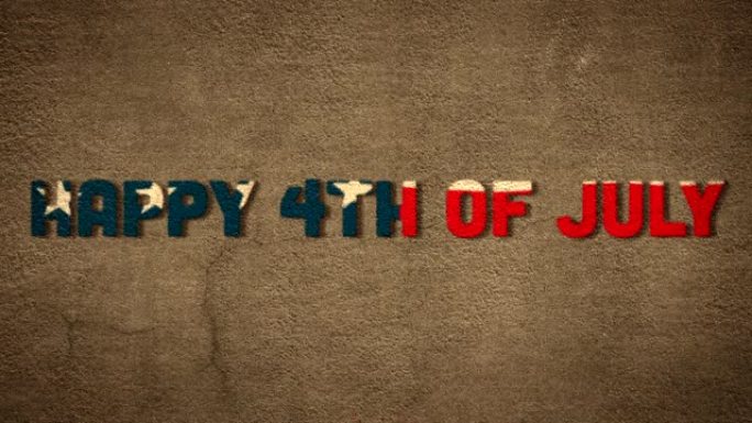 以灰色背景上飘扬的美国国旗为背景的一段文字“七月四日快乐”的动画