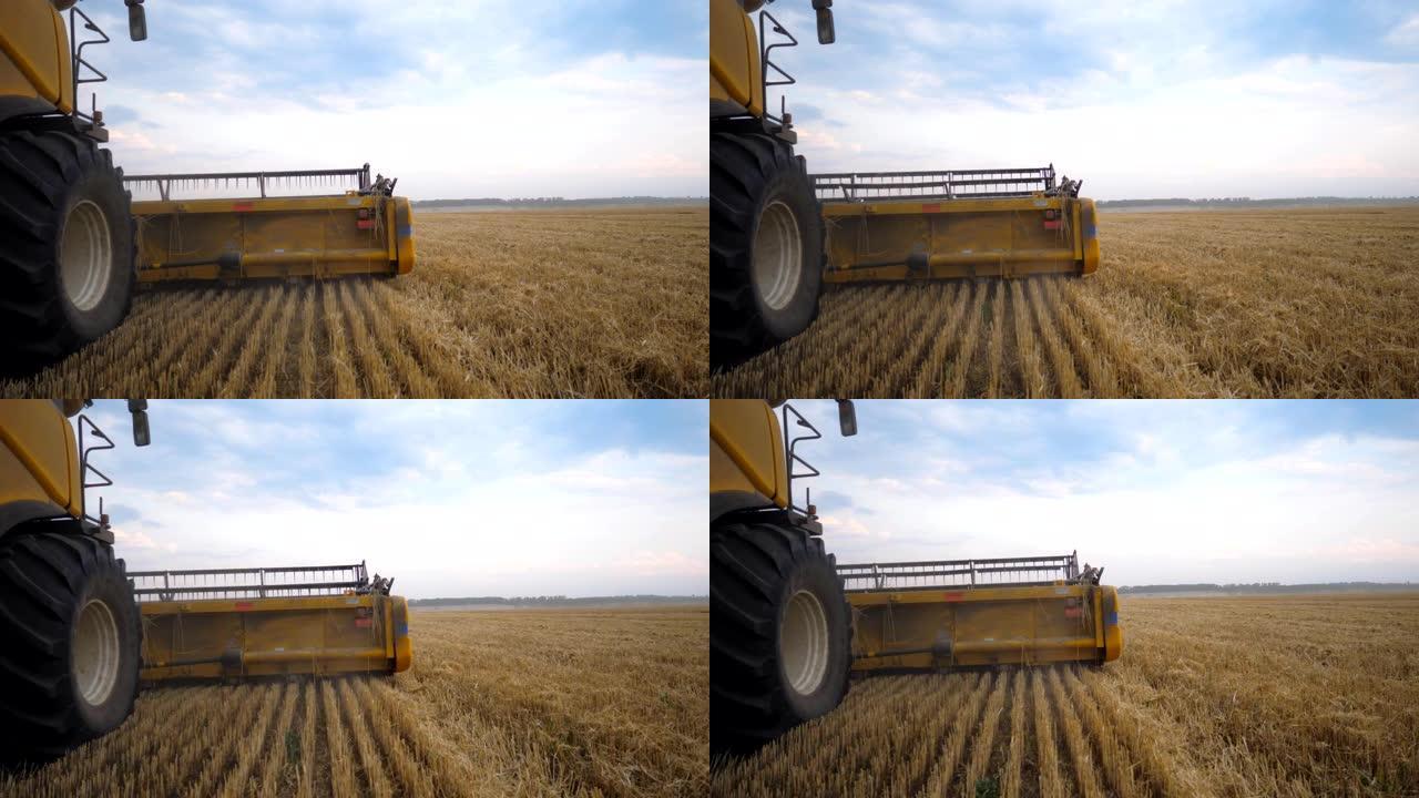 从联合收割机在粮田工作的右侧看。收割机缓慢穿越乡村，采集成熟小麦。食品工业或收割的概念。慢动作