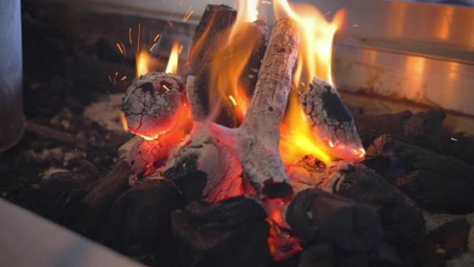 在烧烤中关闭燃烧的木煤，以准备土耳其的烤肉