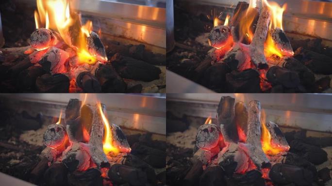 在烧烤中关闭燃烧的木煤，以准备土耳其的烤肉