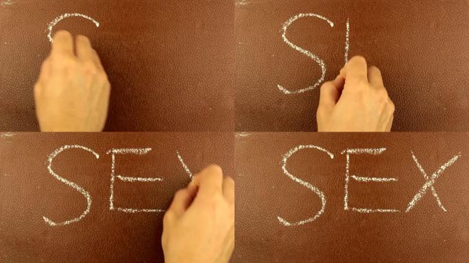 男人用粉笔在棕色的背景上写下了“性”这个词。男性手的特写在棕色的黑板上用粉笔写着“性”这个词。