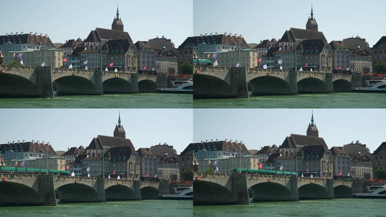 巴塞尔市中心晴天河拥挤游泳区交通大桥湾全景4k瑞士