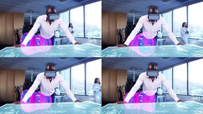 一位商人在桌子上戴着带有3d计划的VR耳机的动画