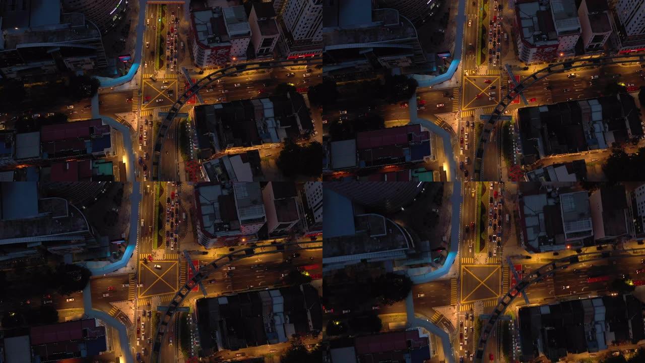 暮光照明吉隆坡城市交通街十字路口空中俯拍全景4k马来西亚