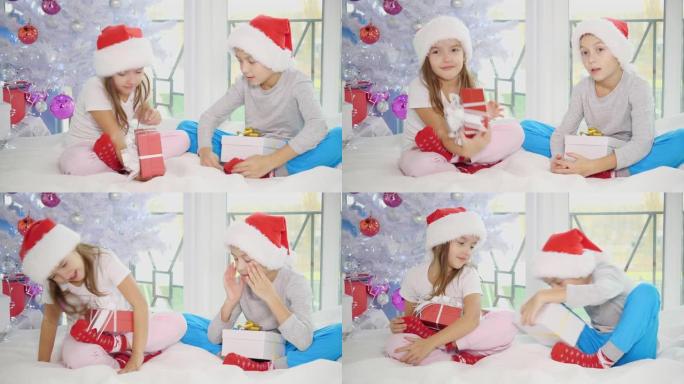 有趣的视频，小兄弟姐妹在圣诞节期间在家卧室练习瑜伽。