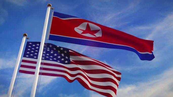 描绘政治危机的美利坚合众国和朝鲜国旗。