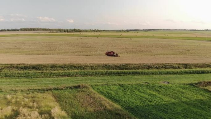 老式收割机在一个有小麦的农场的农业土地上，正在等待卸下满满的谷物料斗
