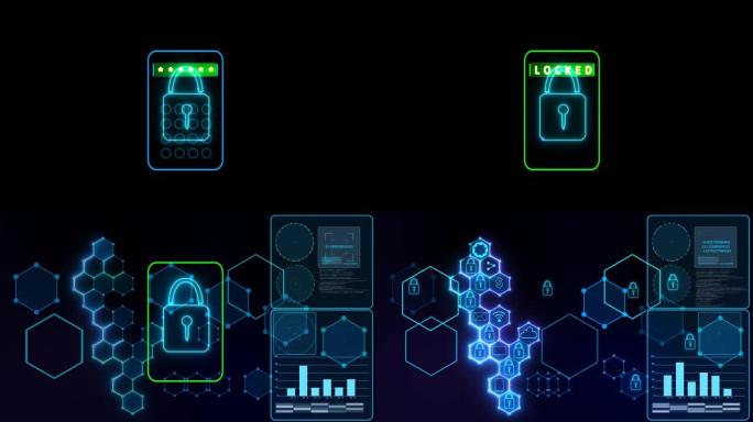 未来的数字密码智能锁定抽象网络安全连接系统集成六角形与挂锁和锁孔图标和分析图雷达在右侧