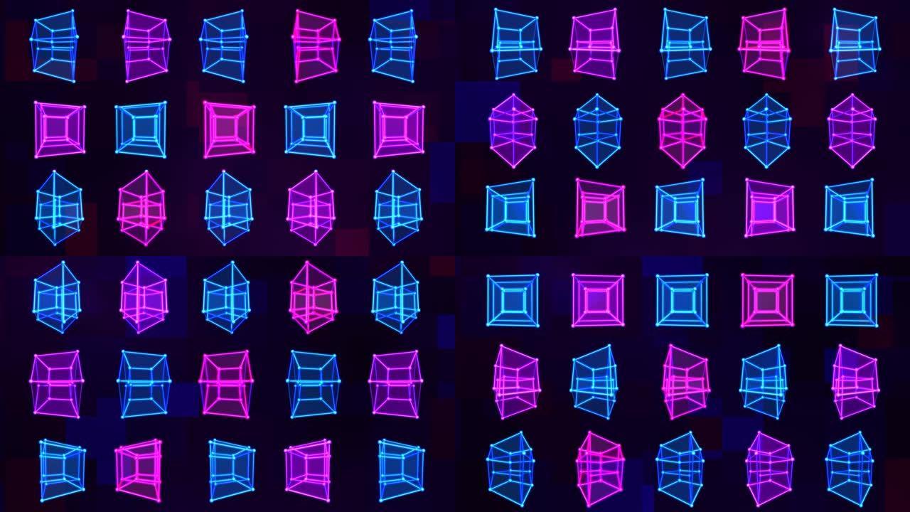 4D超立方体Tesseract阵列矩阵，具有令人毛骨悚然的视觉霓虹灯颜色-4k无缝循环运动背景动画