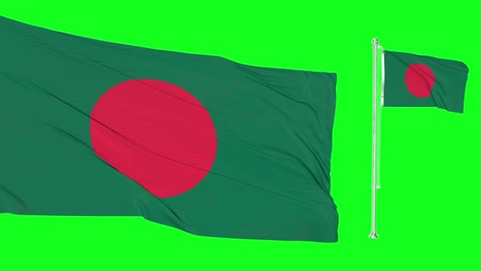 绿色屏幕孟加拉国两面旗帜挥舞着孟加拉国旗杆动画3d色度键