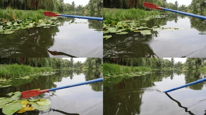 公园里有湖泊和睡莲的塑料桨。在水上划桨。关闭水中的桨碎片。水滴向下流动。在城市公园里用百合和莎草划桨