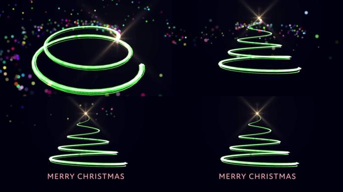 蓝色背景上的圣诞快乐和圣诞树发光星星的动画