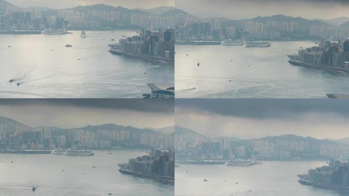 中国香港维多利亚港上空的香港天际线、香港城市和市中心摩天大楼