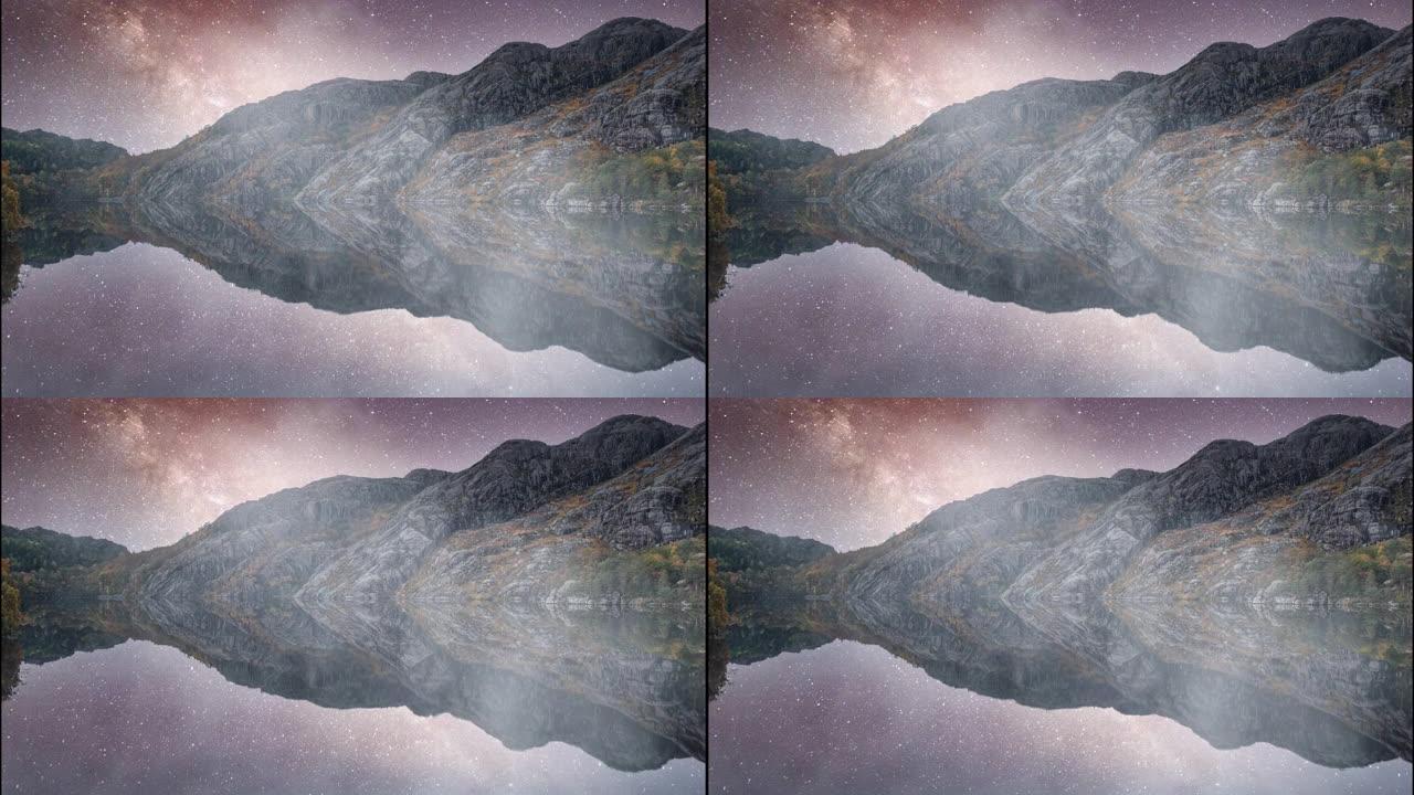 星空和彗星的湖泊和山脉