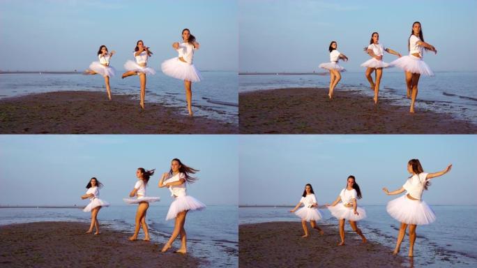 芭蕾舞演员在沙岛上进行舞蹈练习