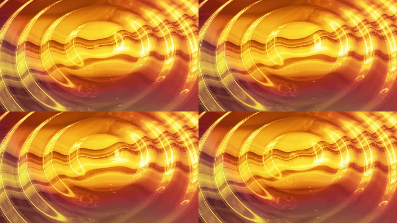 环形抽象背景，在闪亮的光泽表面上有波浪形闪闪发光的金色液体图案。粘稠的黄色流体。美丽的创意节日背景。