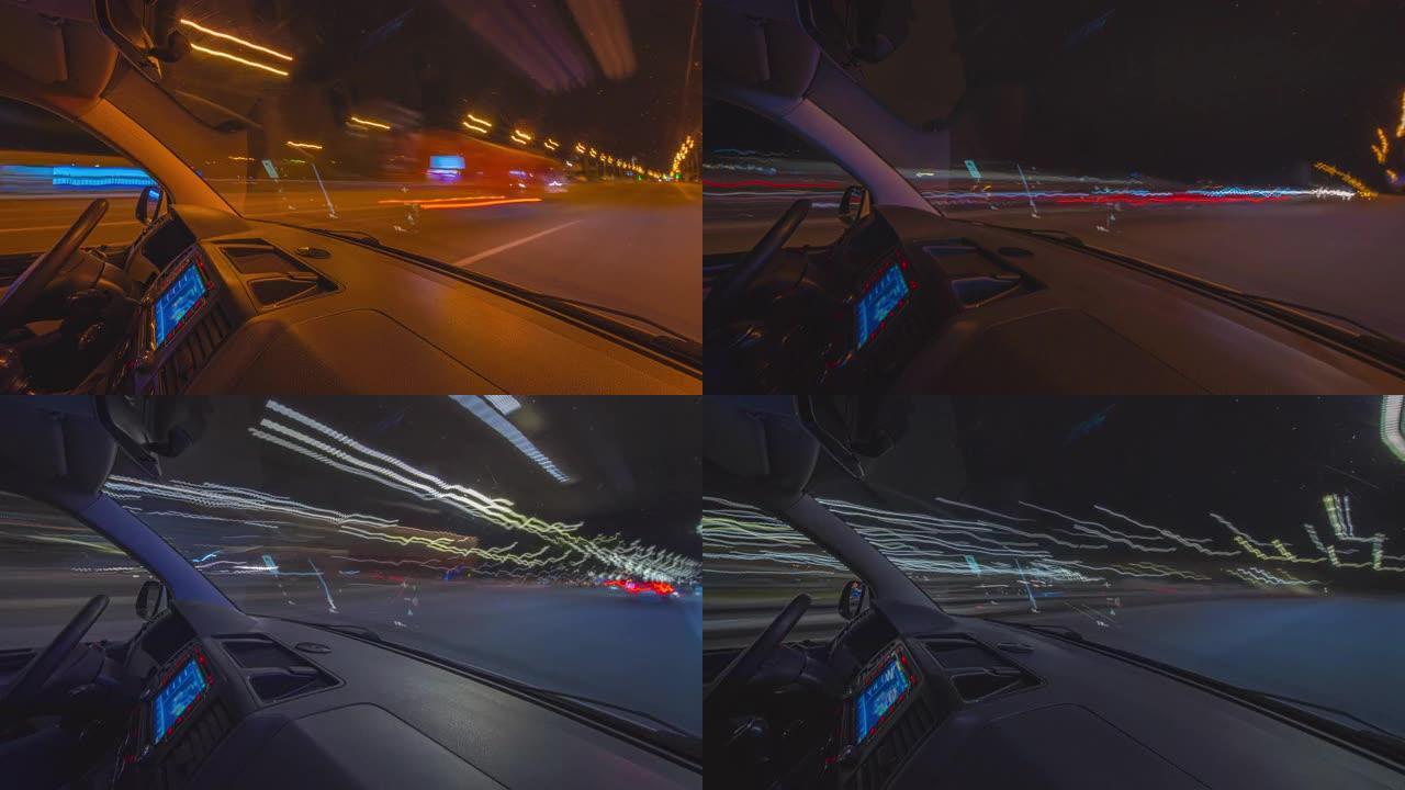 在夜间高速公路上使用虚拟gps驾驶的自动汽车。过度下垂
