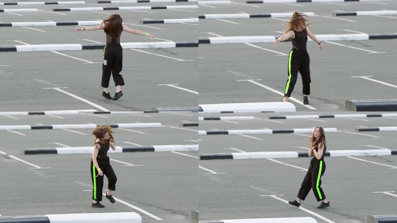 年轻开朗的长发女子在停车场跳舞嘻哈。表演现代青年舞蹈的壮观元素。慢动作
