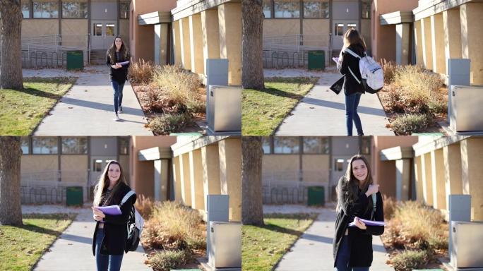 Z世代女高中生在科罗拉多州西部的学校外建筑娱乐活动视频