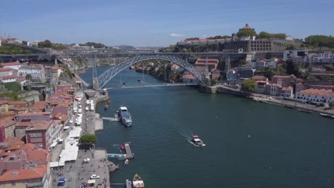 日时间波尔图市著名的dom luis交通杜罗河大桥空中全景4k葡萄牙