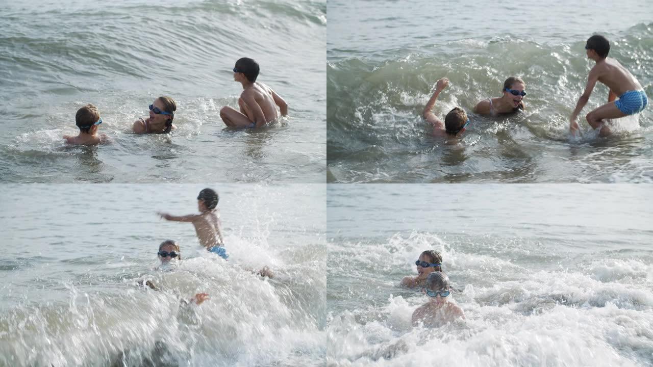 孩子们在沙滩上玩海浪