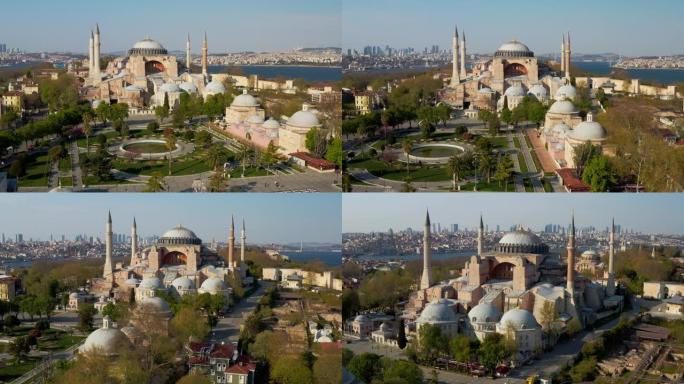 伊斯坦布尔市海和圣索菲亚大教堂检疫鸟瞰图